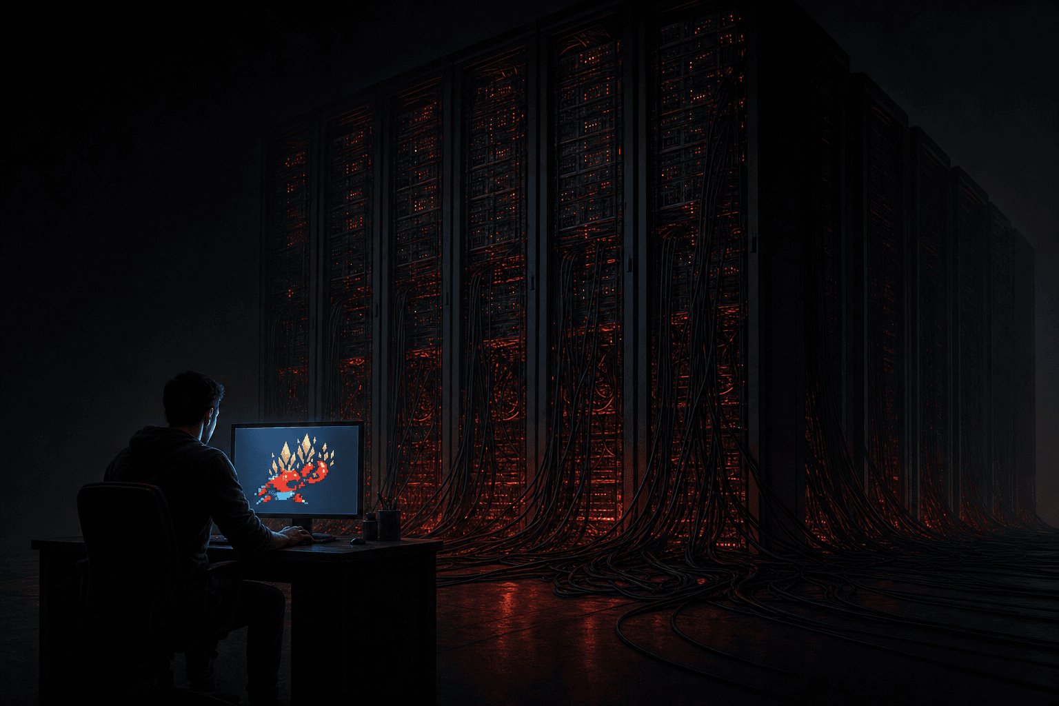 Running Thinking Machines' Inkling without a datacenter. Dark editorial illustration.